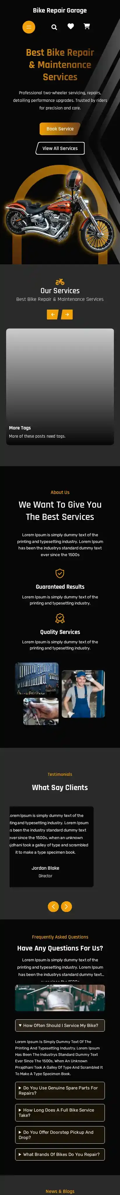 Bike Repair Garage home page on mobile
