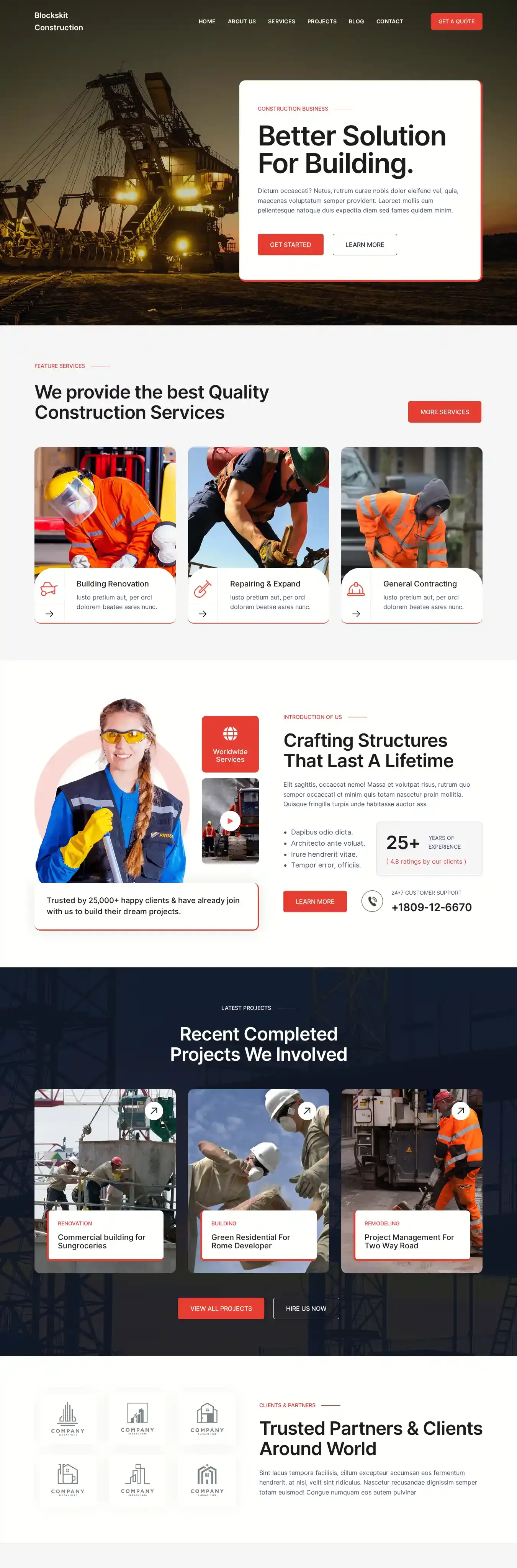 Blockskit Construction home page on desktop