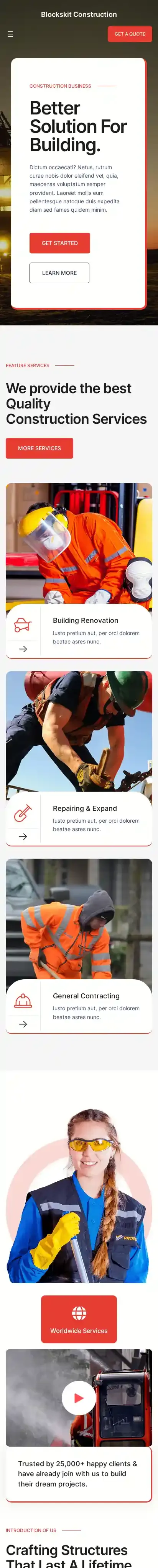 Blockskit Construction home page on mobile