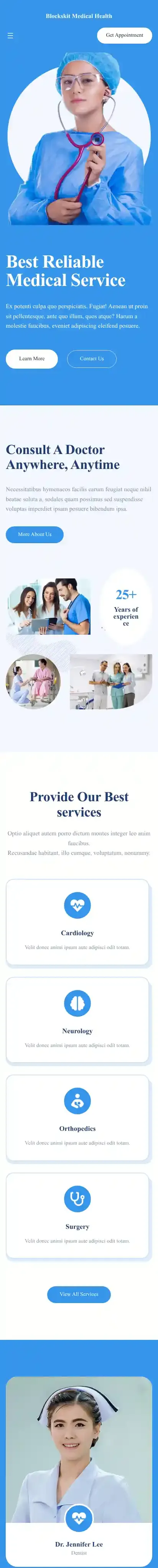 Blockskit Medical Health home page on mobile