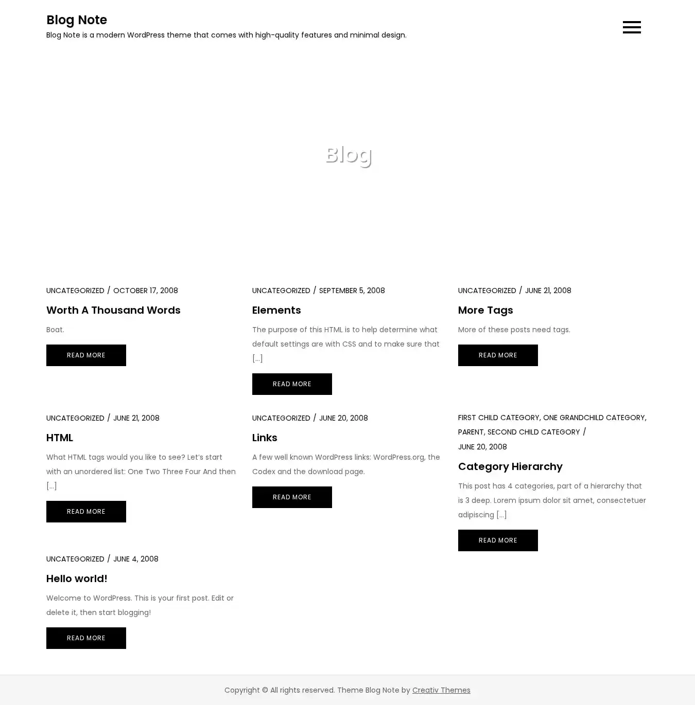 Blog Note home page on desktop
