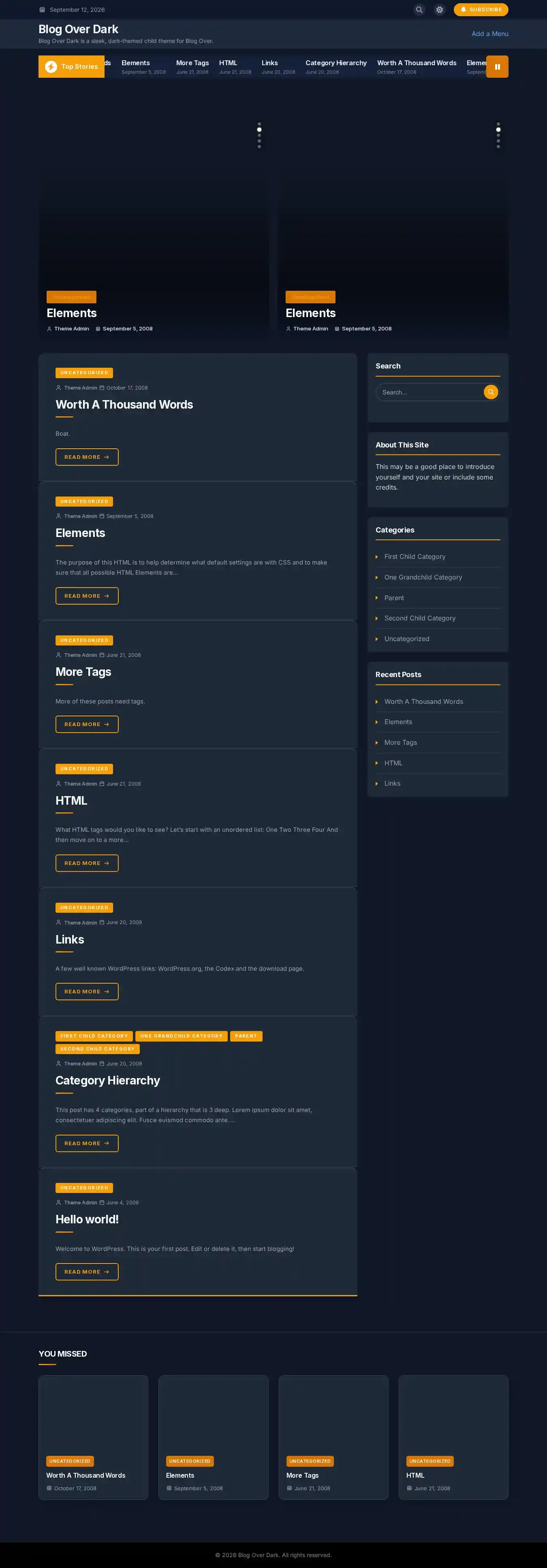 Blog Over Dark home page on desktop