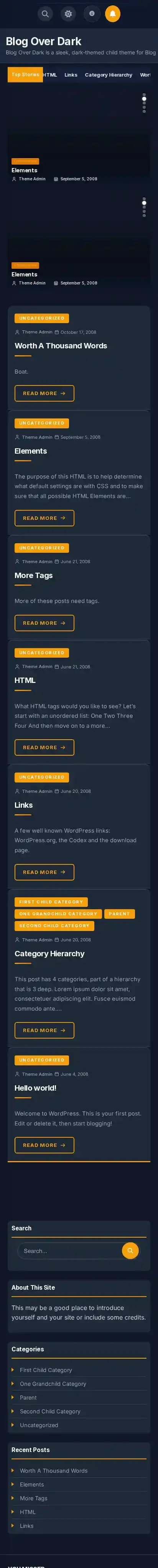 Blog Over Dark home page on mobile