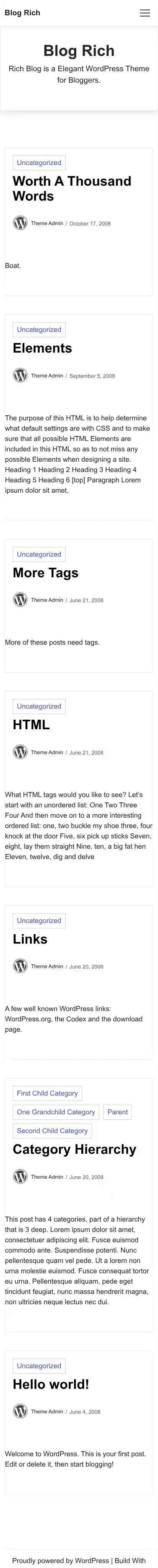 Blog Rich home page on mobile