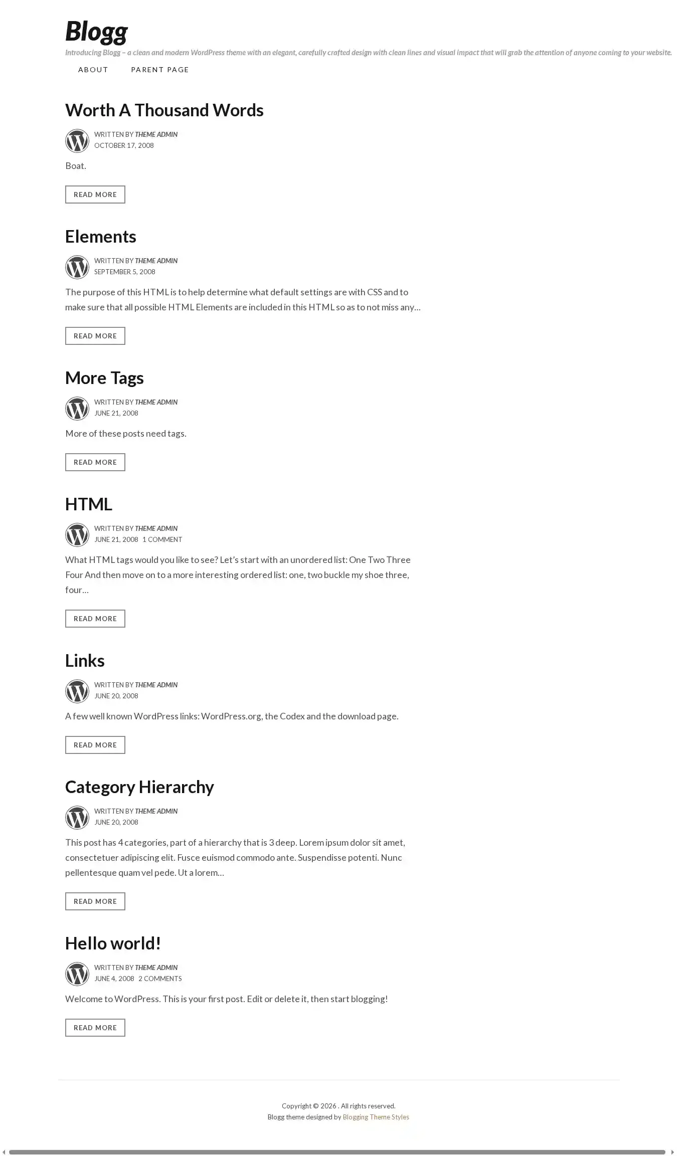 Blogg home page on desktop