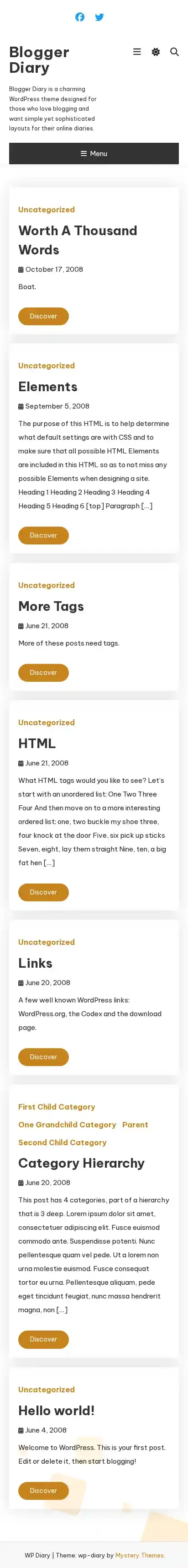 Blogger Diary home page on mobile