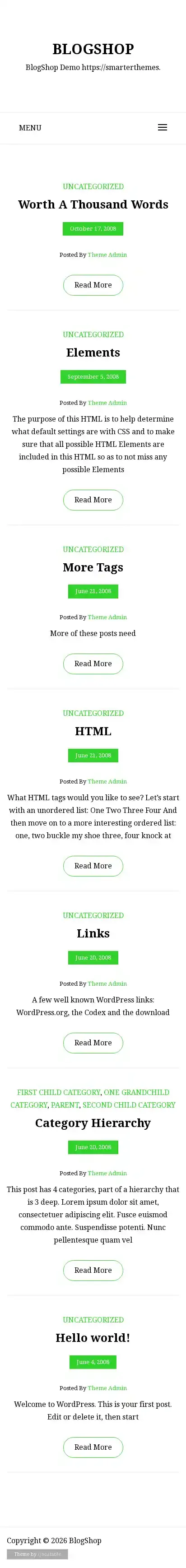 BlogShop home page on mobile