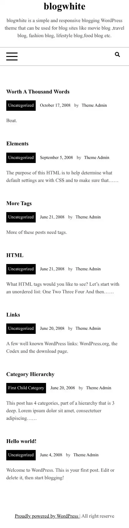 blogwhite home page on mobile