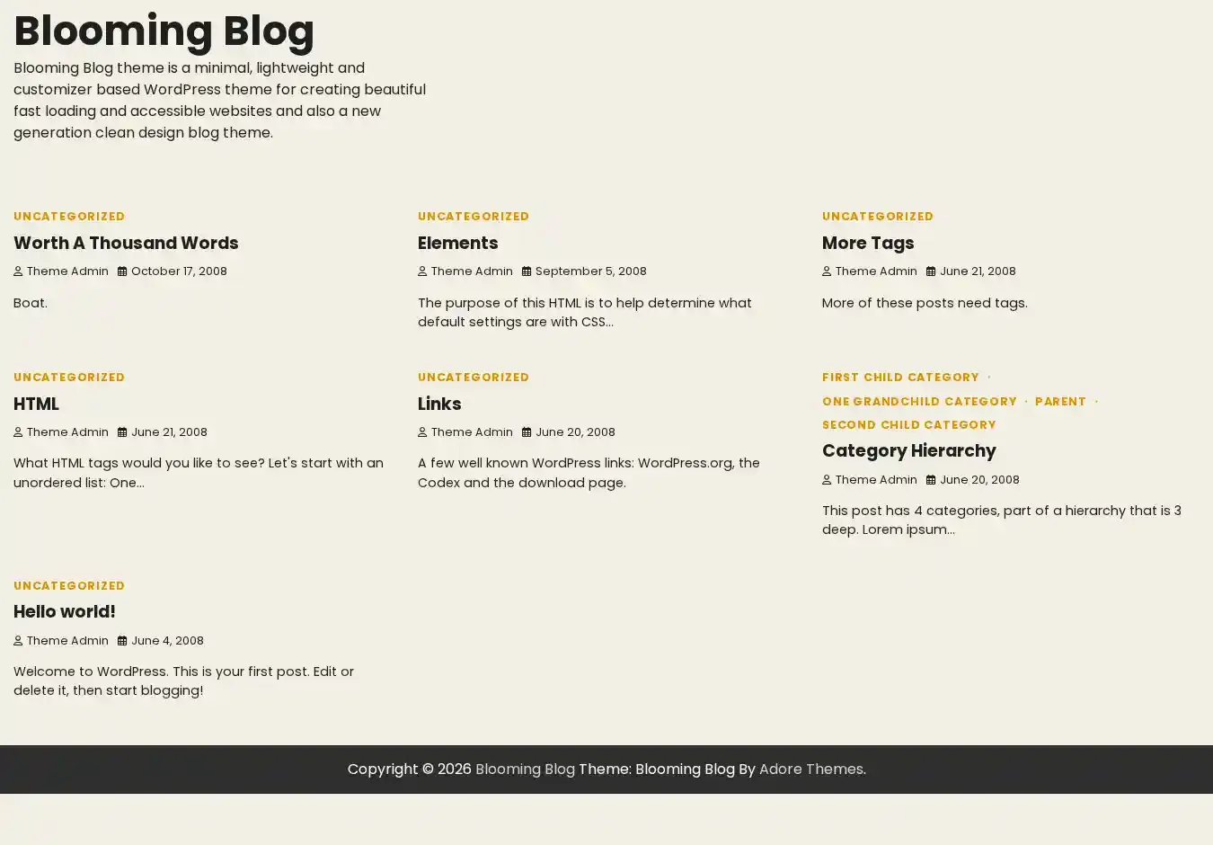 Blooming Blog home page on desktop