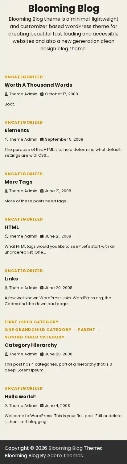 Blooming Blog home page on mobile