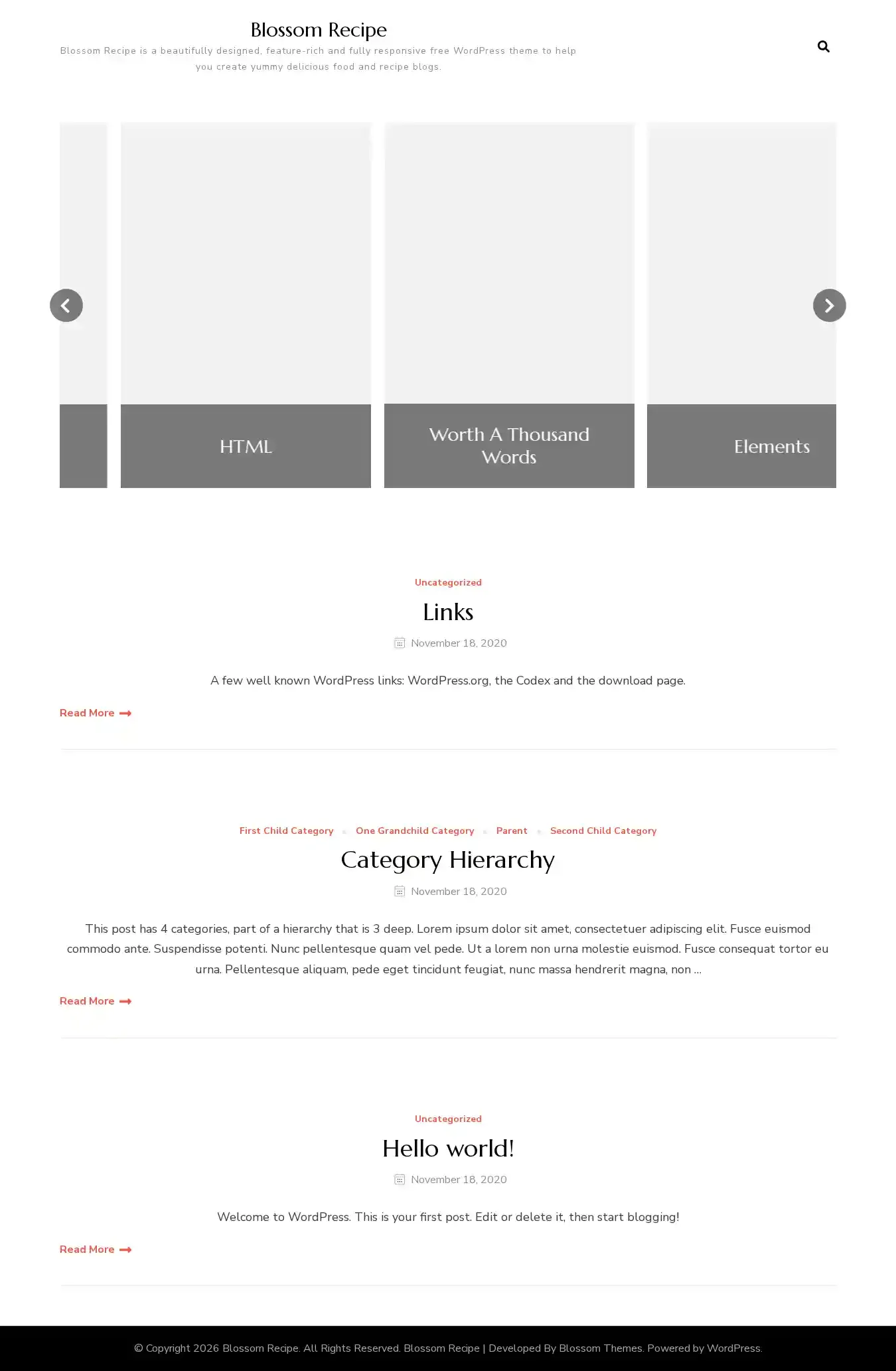 Blossom Recipe home page on desktop