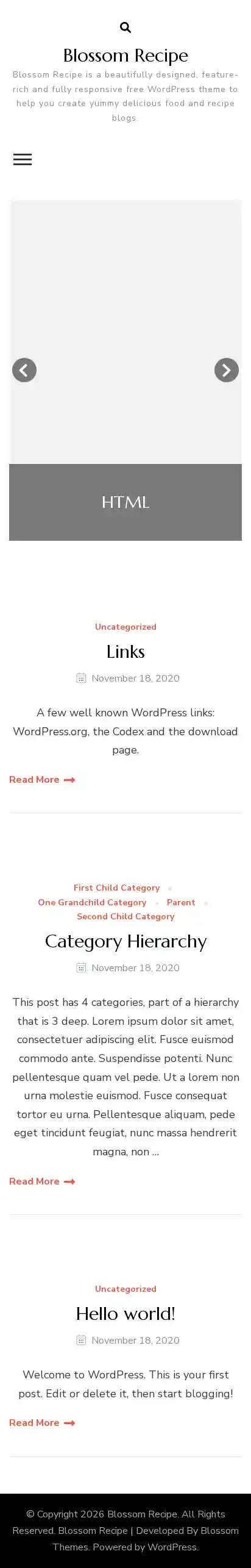 Blossom Recipe home page on mobile