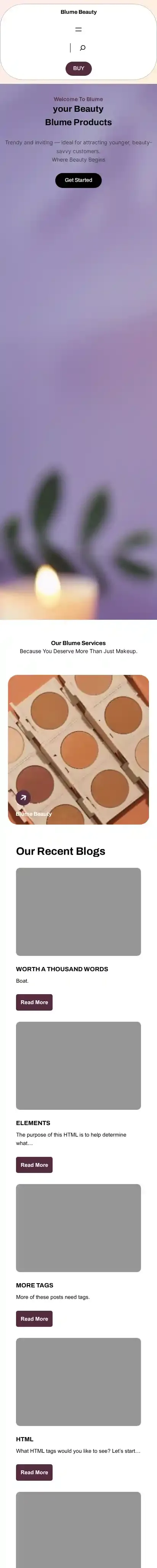 Blume Beauty home page on mobile