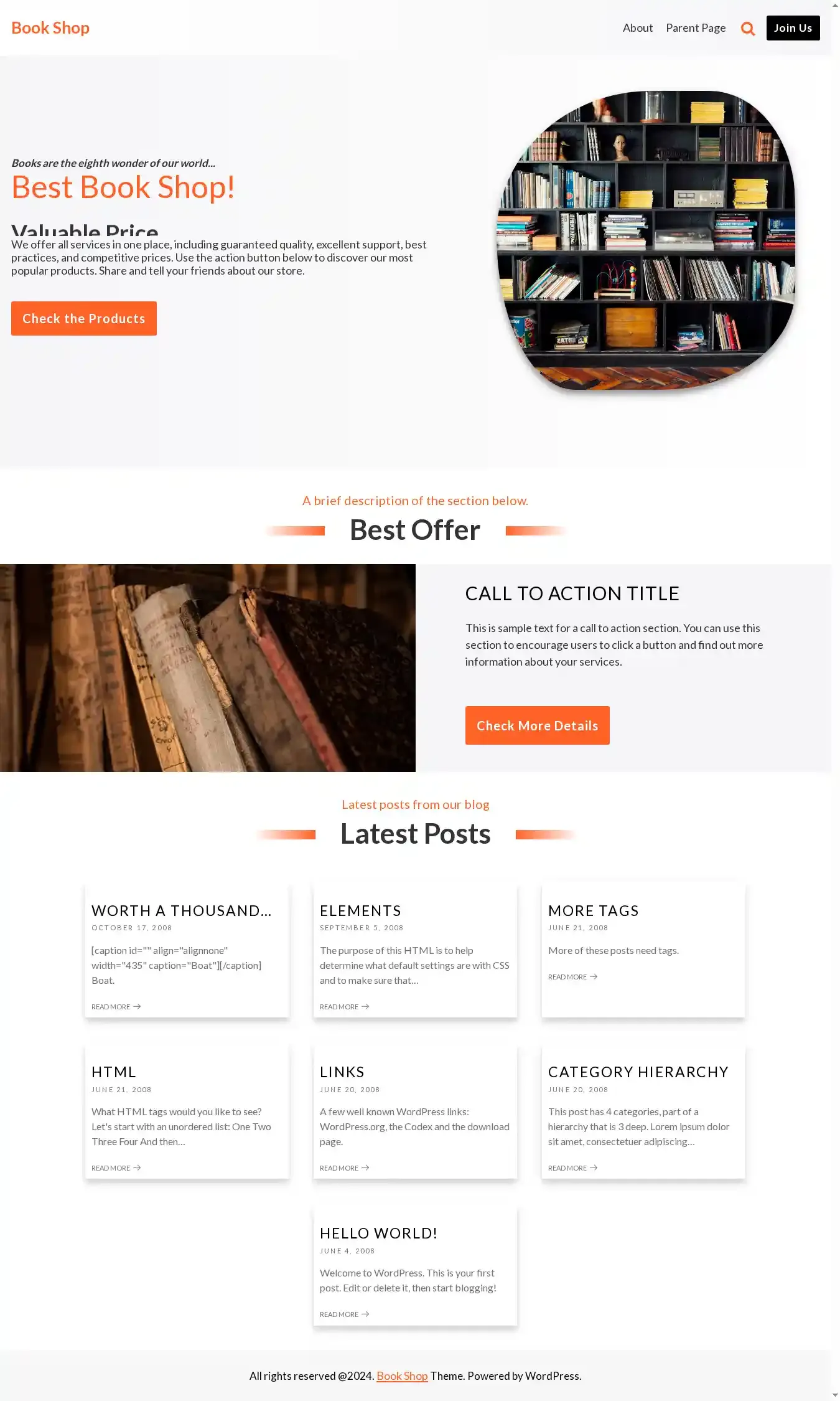 Book Shop home page on desktop