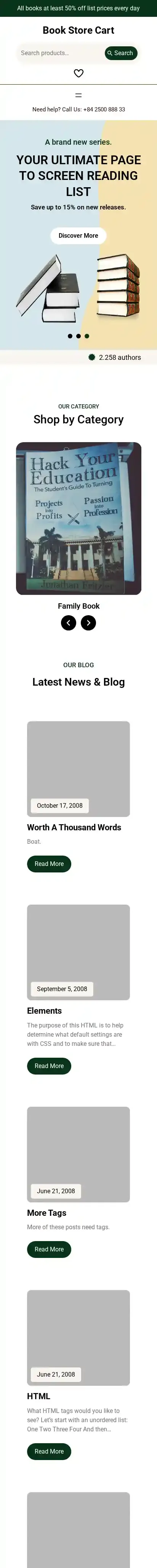 Book Store Cart home page on mobile