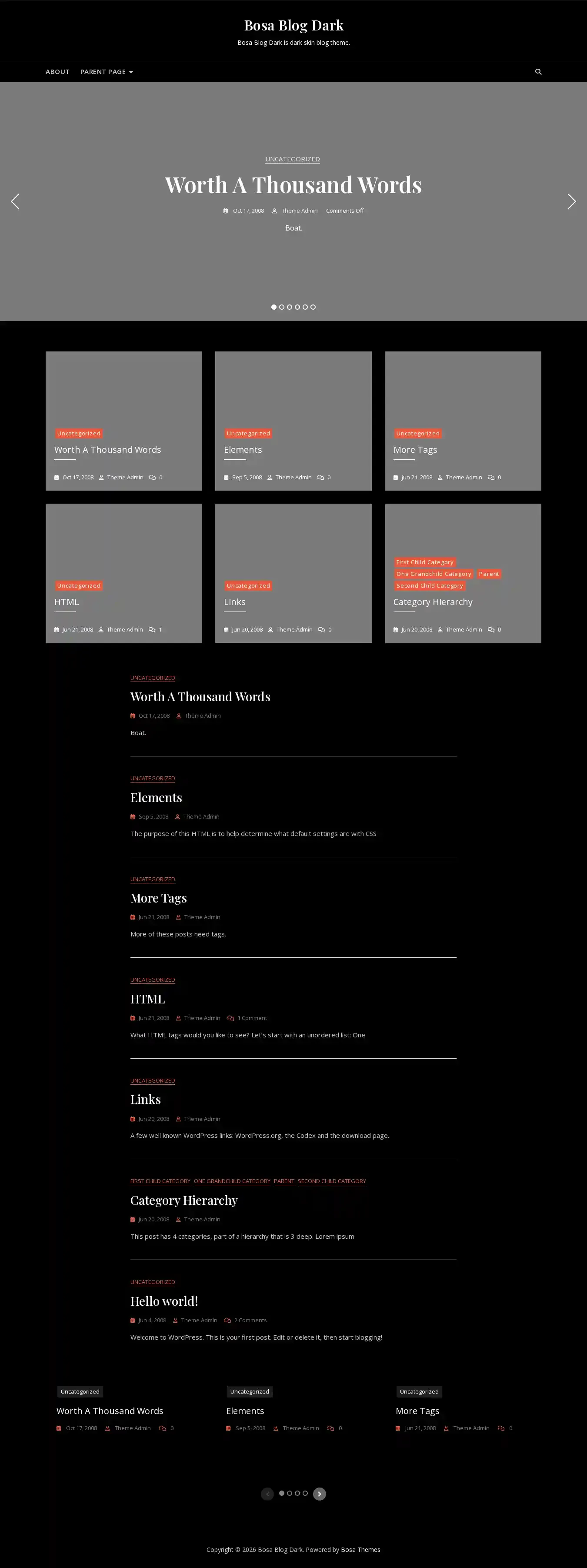 Bosa Blog Dark home page on desktop