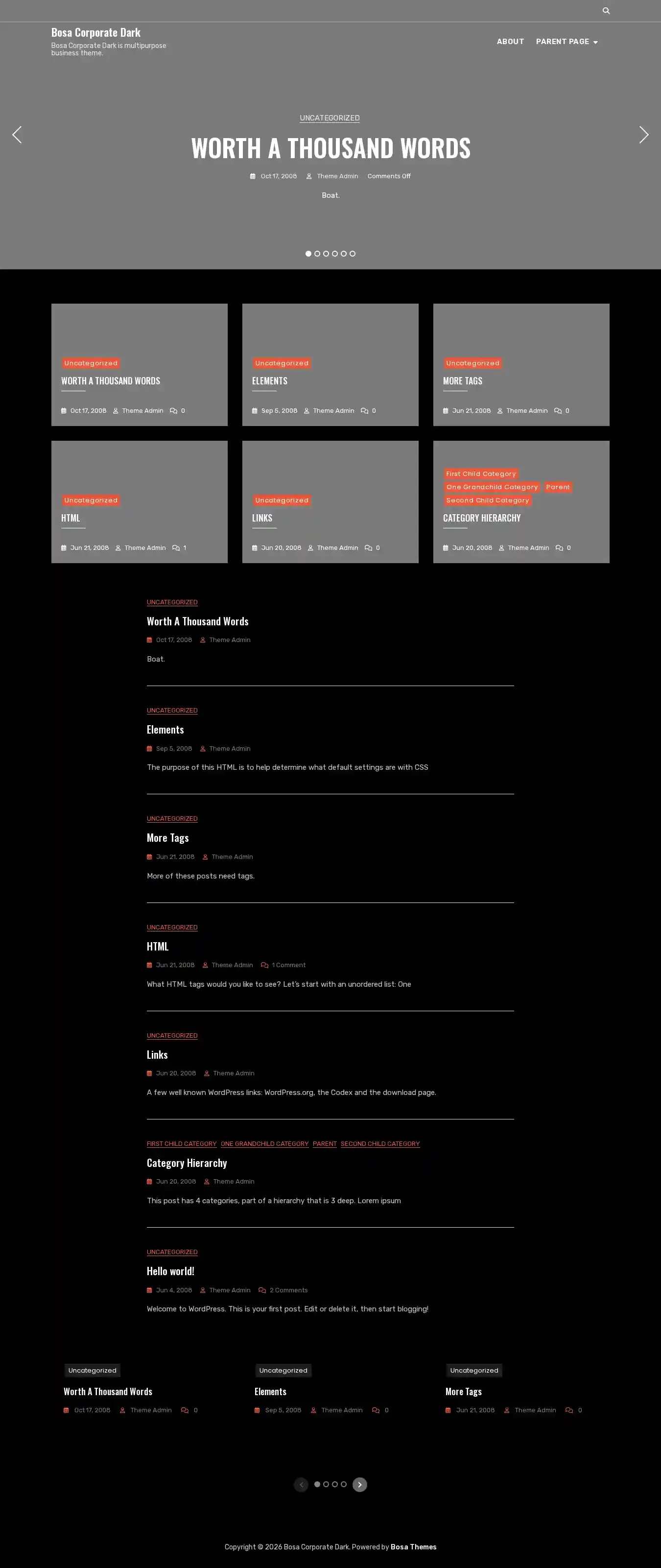 Bosa Corporate Dark home page on desktop