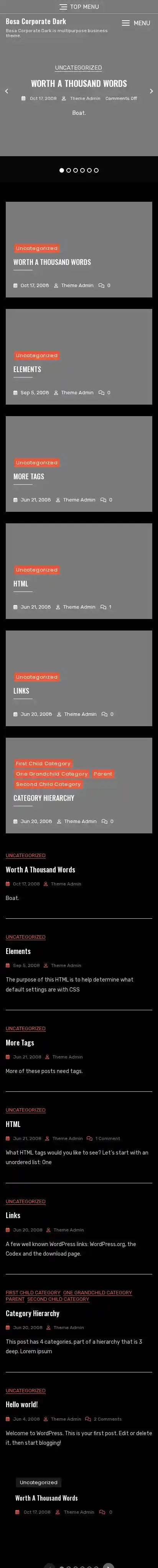 Bosa Corporate Dark home page on mobile