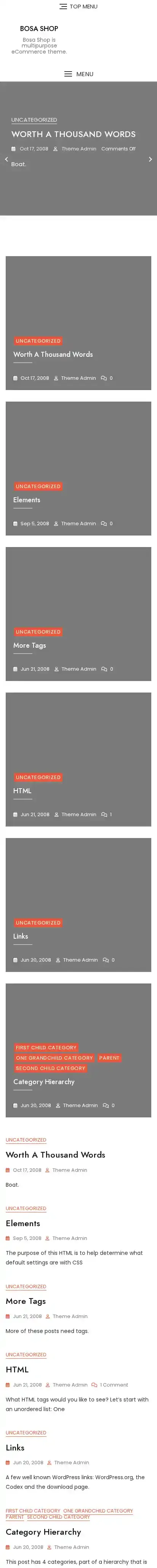 Bosa Shop home page on mobile