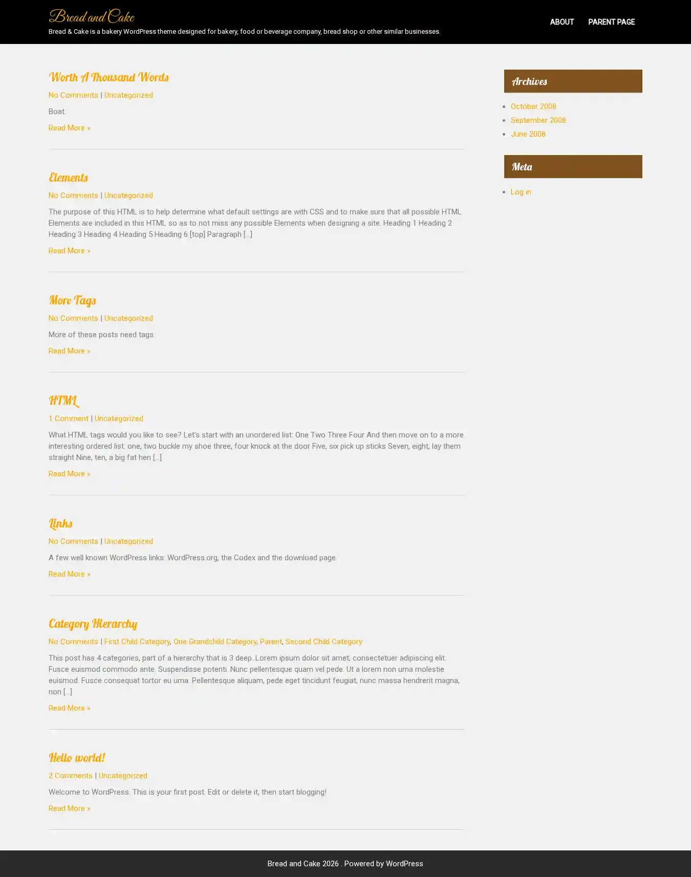 Bread and Cake home page on desktop
