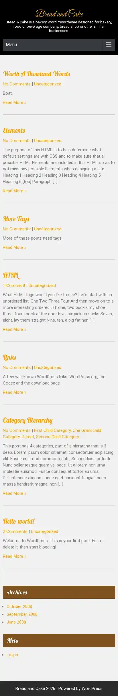 Bread and Cake home page on mobile
