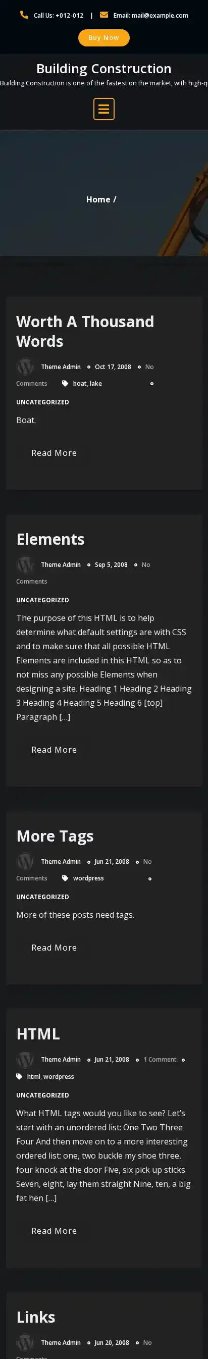 Building Construction home page on mobile