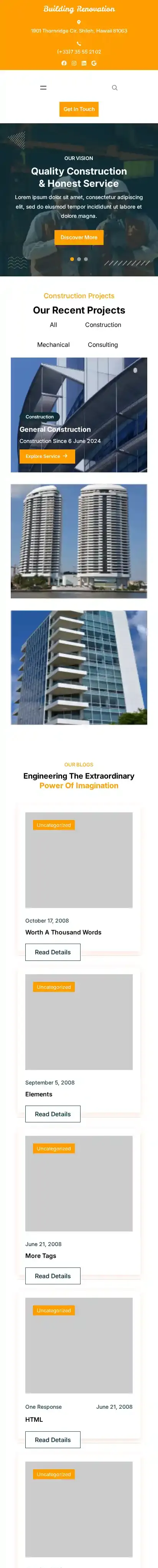 Building Renovation home page on mobile