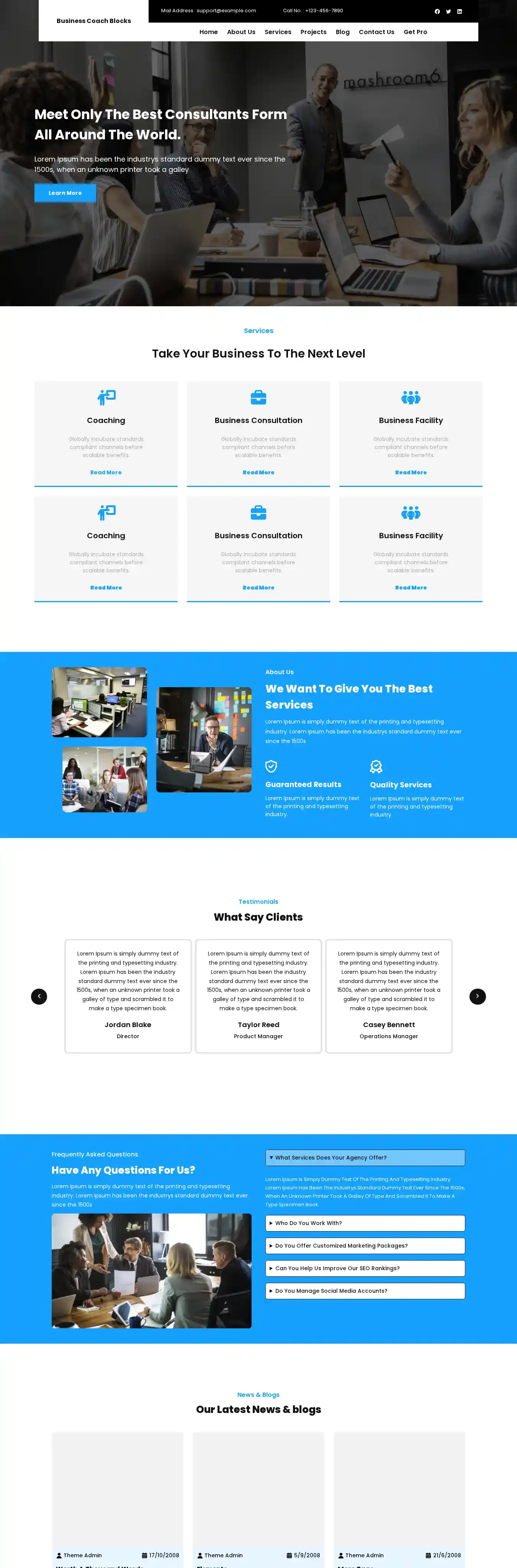 Business Coach Blocks home page on desktop