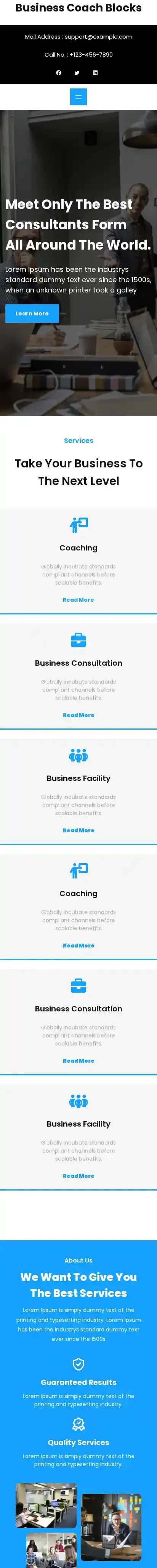 Business Coach Blocks home page on mobile