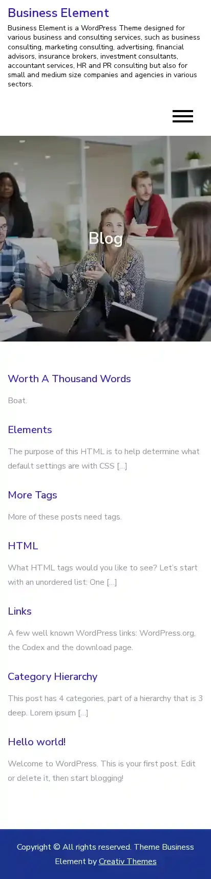 Business Element home page on mobile