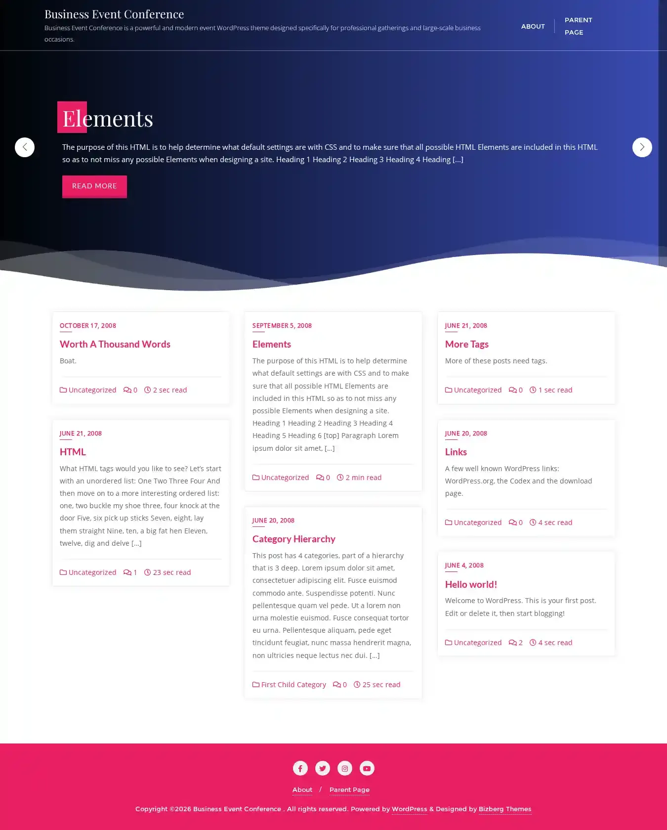 Business Event Conference home page on desktop
