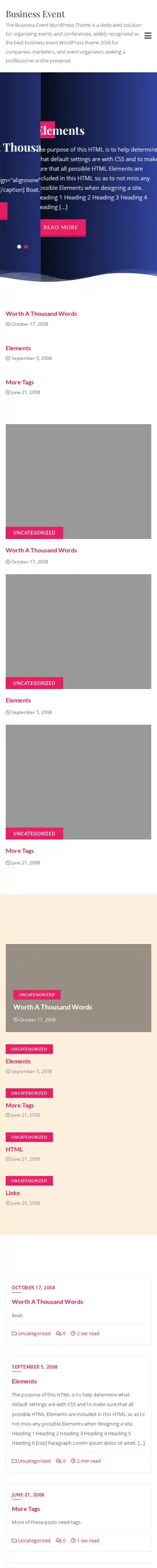 Business Event home page on mobile