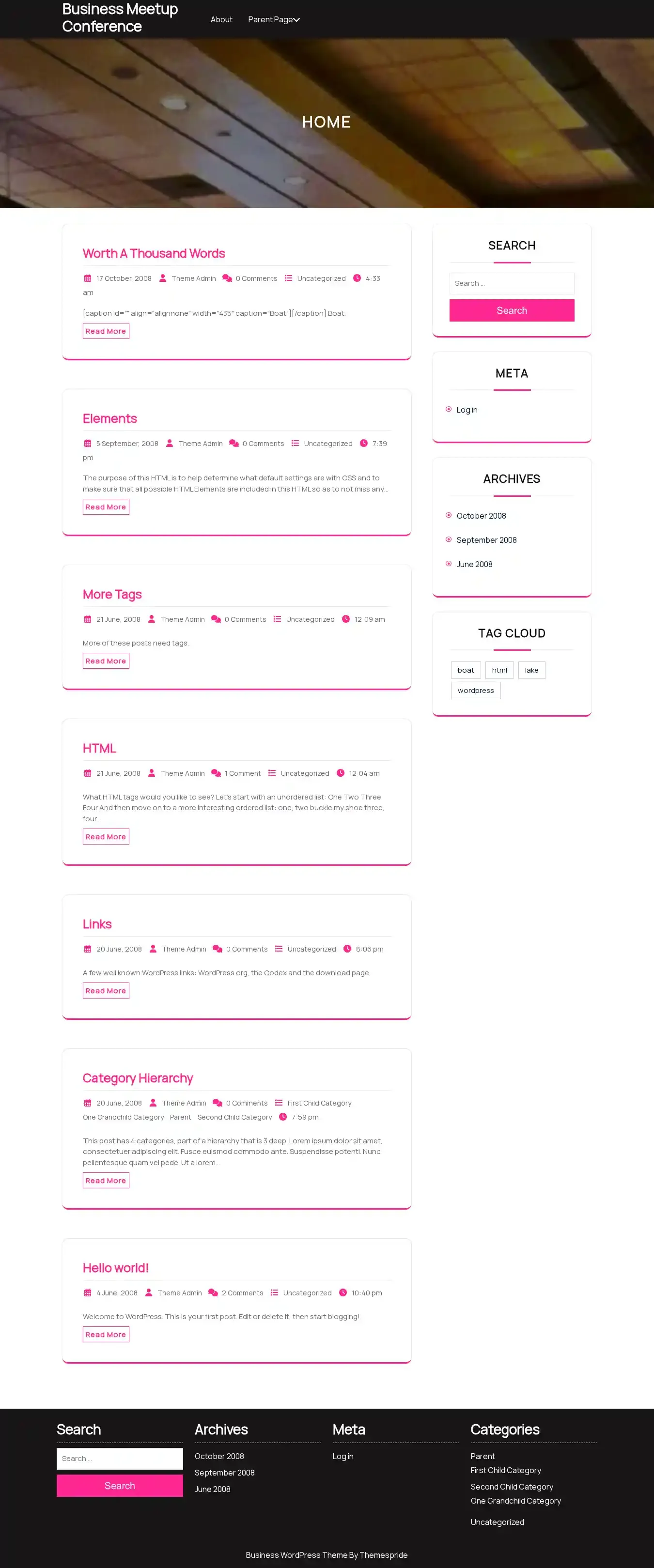 Business Meetup Conference home page on desktop