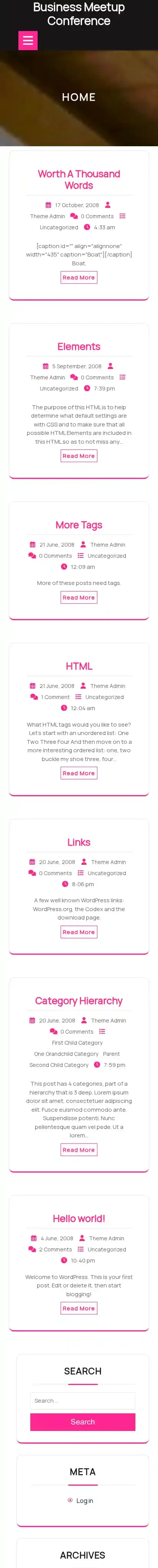 Business Meetup Conference home page on mobile