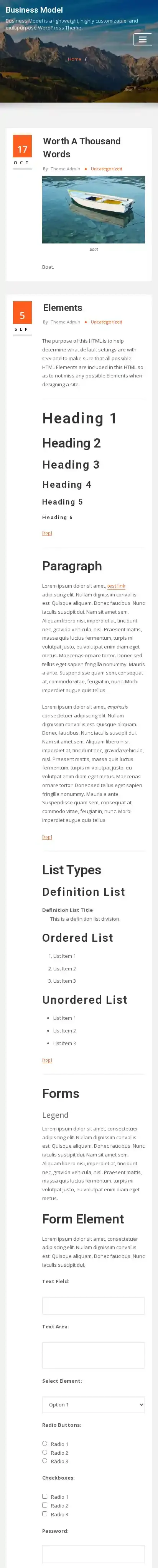 Business Model home page on mobile