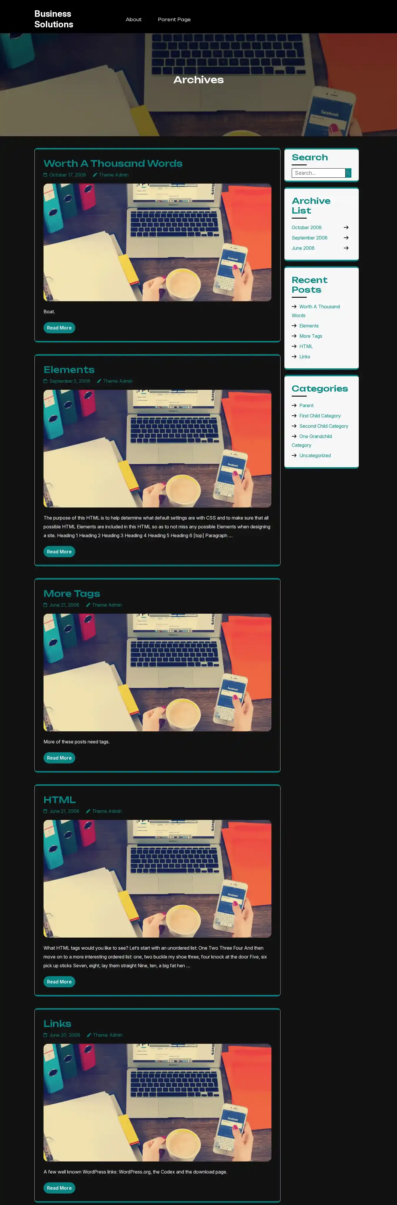 Business Solutions home page on desktop