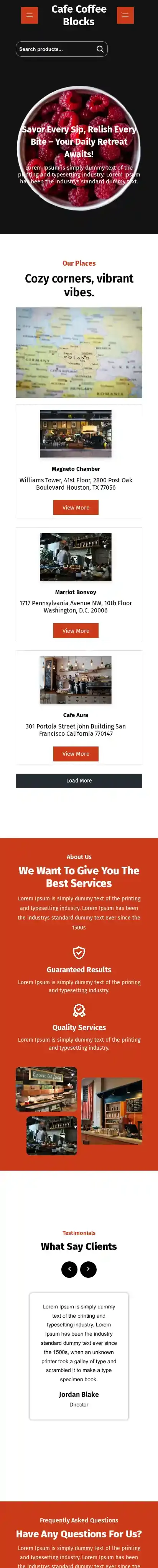 Cafe Coffee Blocks home page on mobile