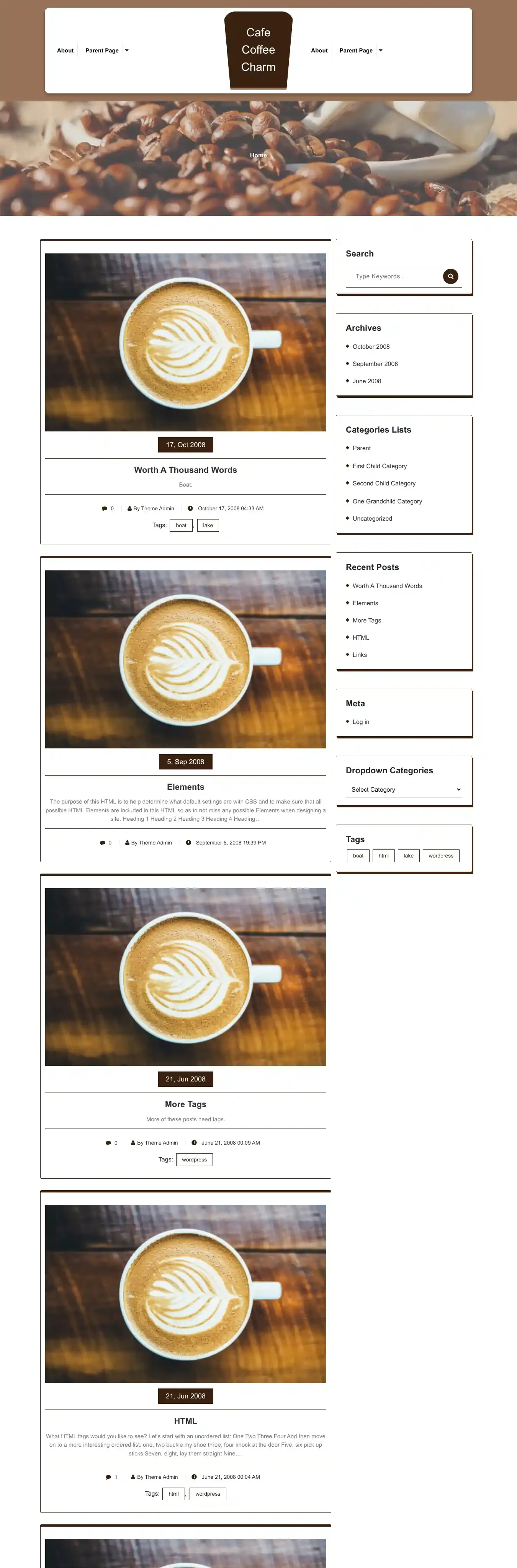 Cafe Coffee Charm home page on desktop