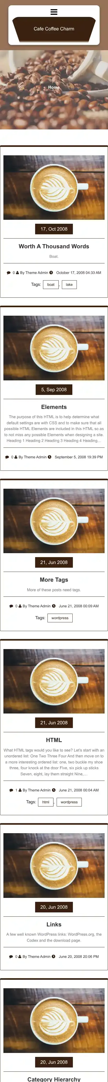 Cafe Coffee Charm home page on mobile