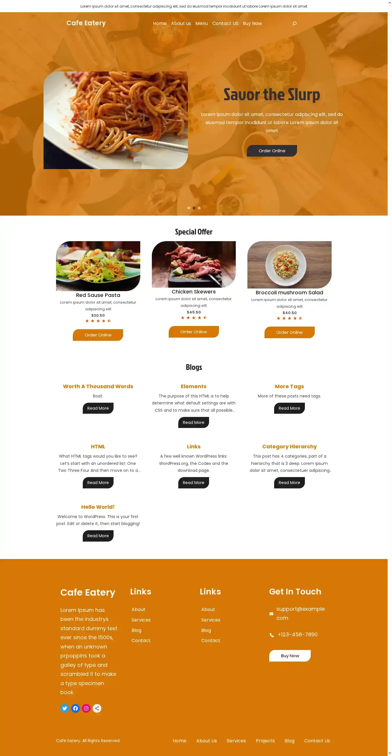 Cafe Eatery home page on desktop