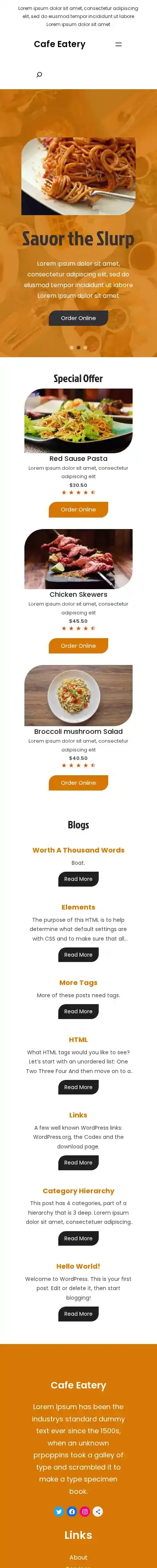 Cafe Eatery home page on mobile