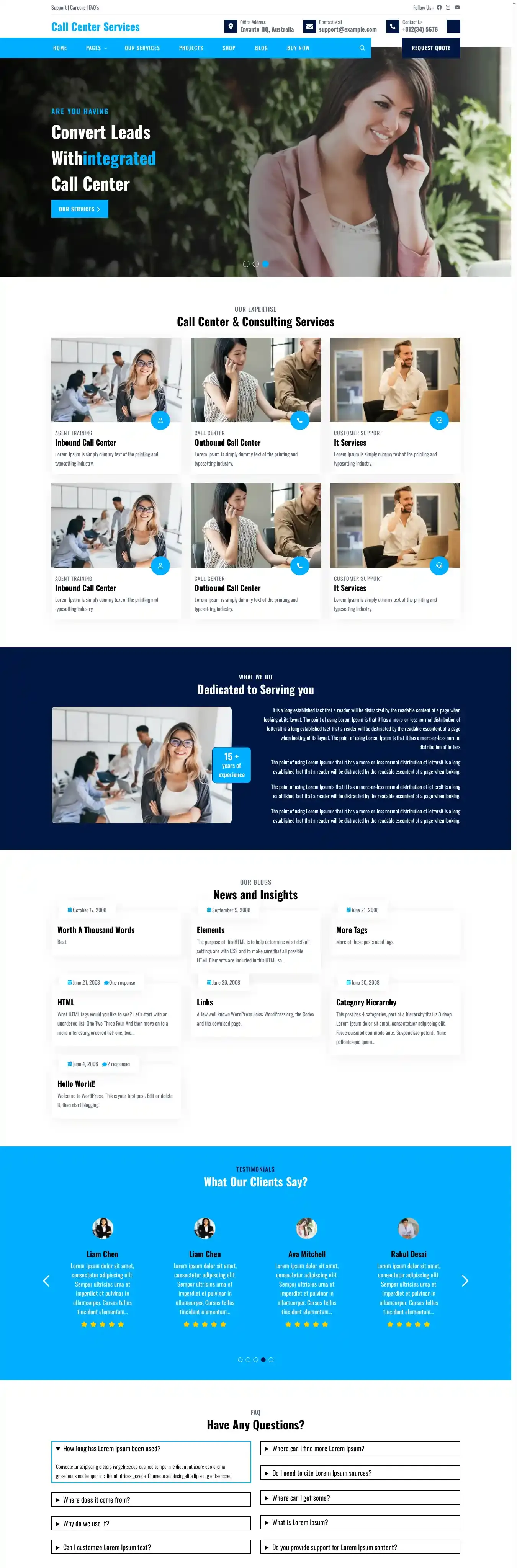Call Center Services home page on desktop