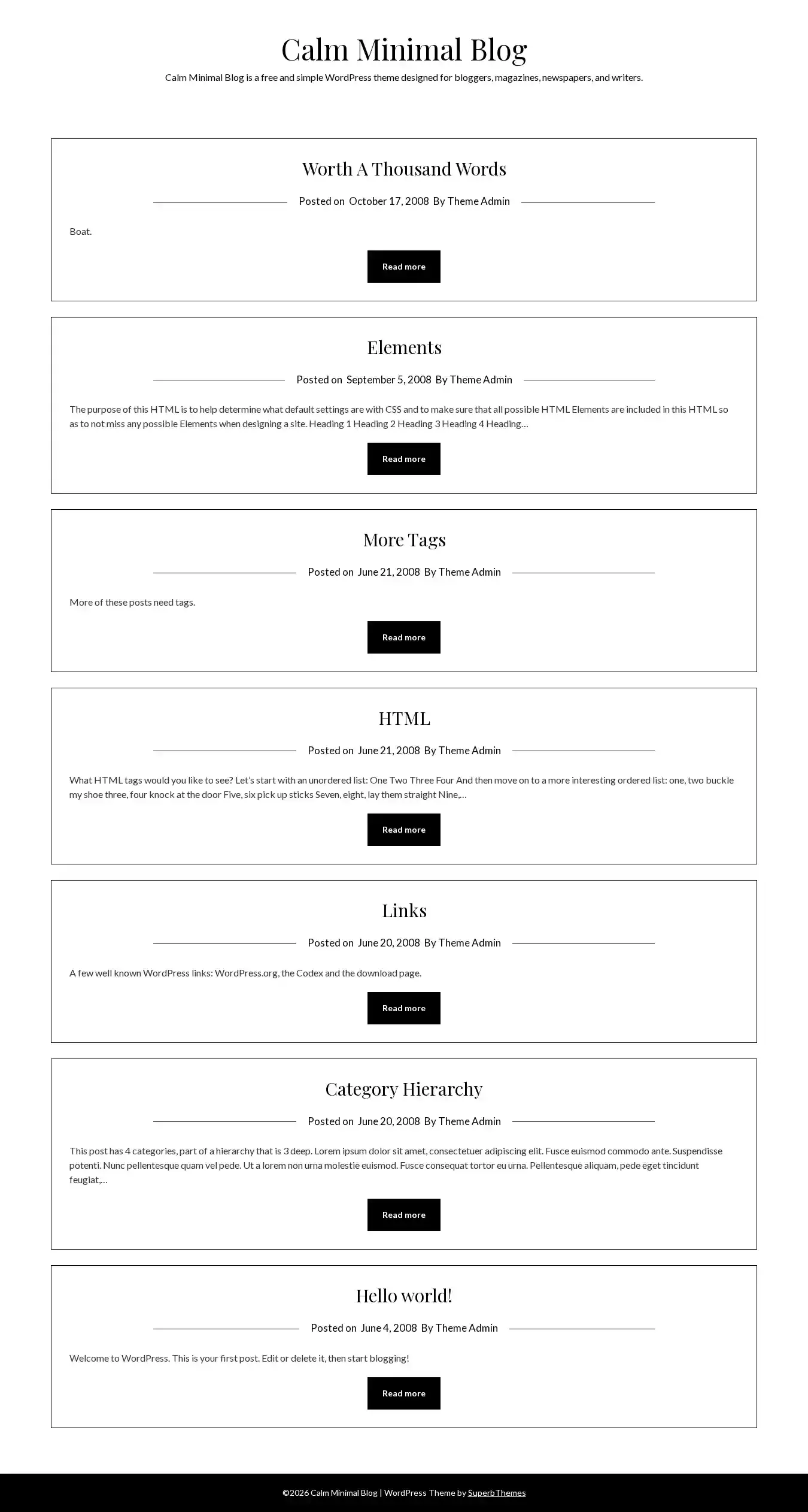 Calm Minimal Blog home page on desktop