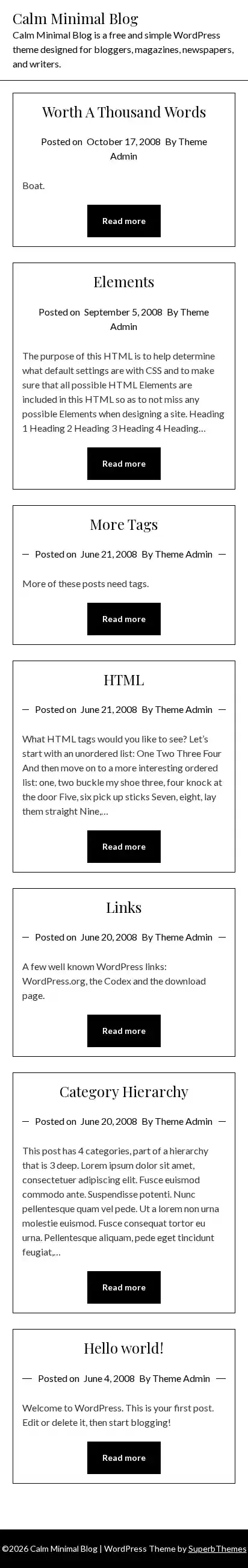 Calm Minimal Blog home page on mobile