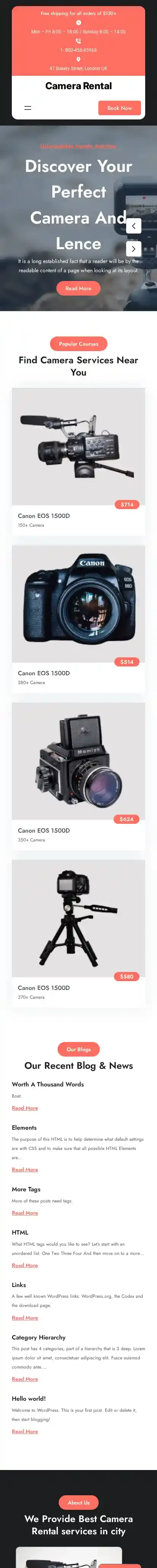 Camera Rental home page on mobile