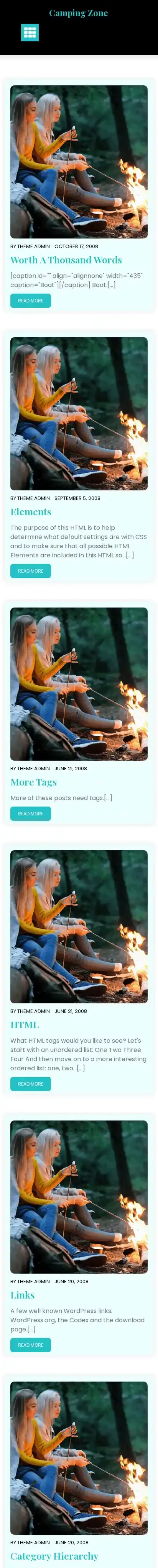 Camping Zone home page on mobile
