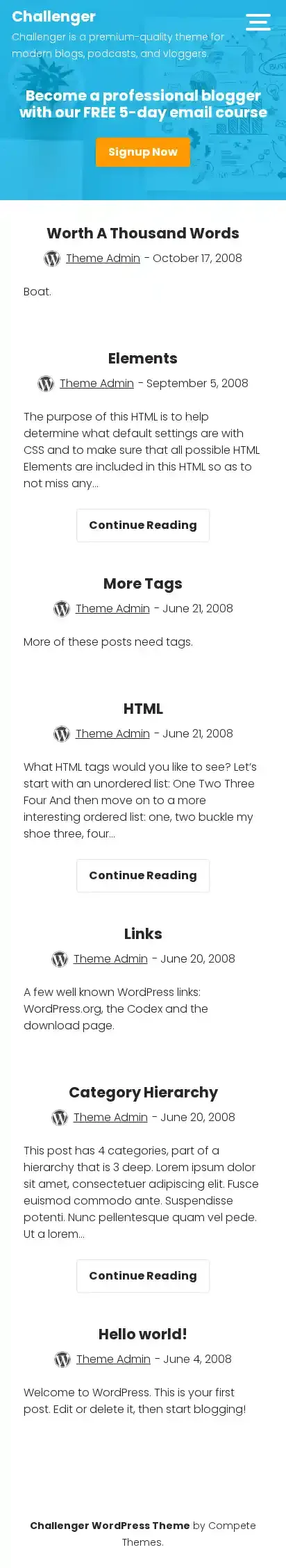 Challenger home page on mobile