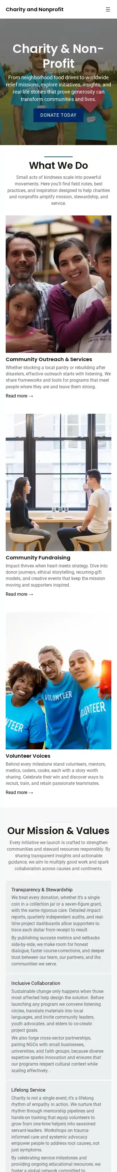 Charity and Nonprofit home page on mobile