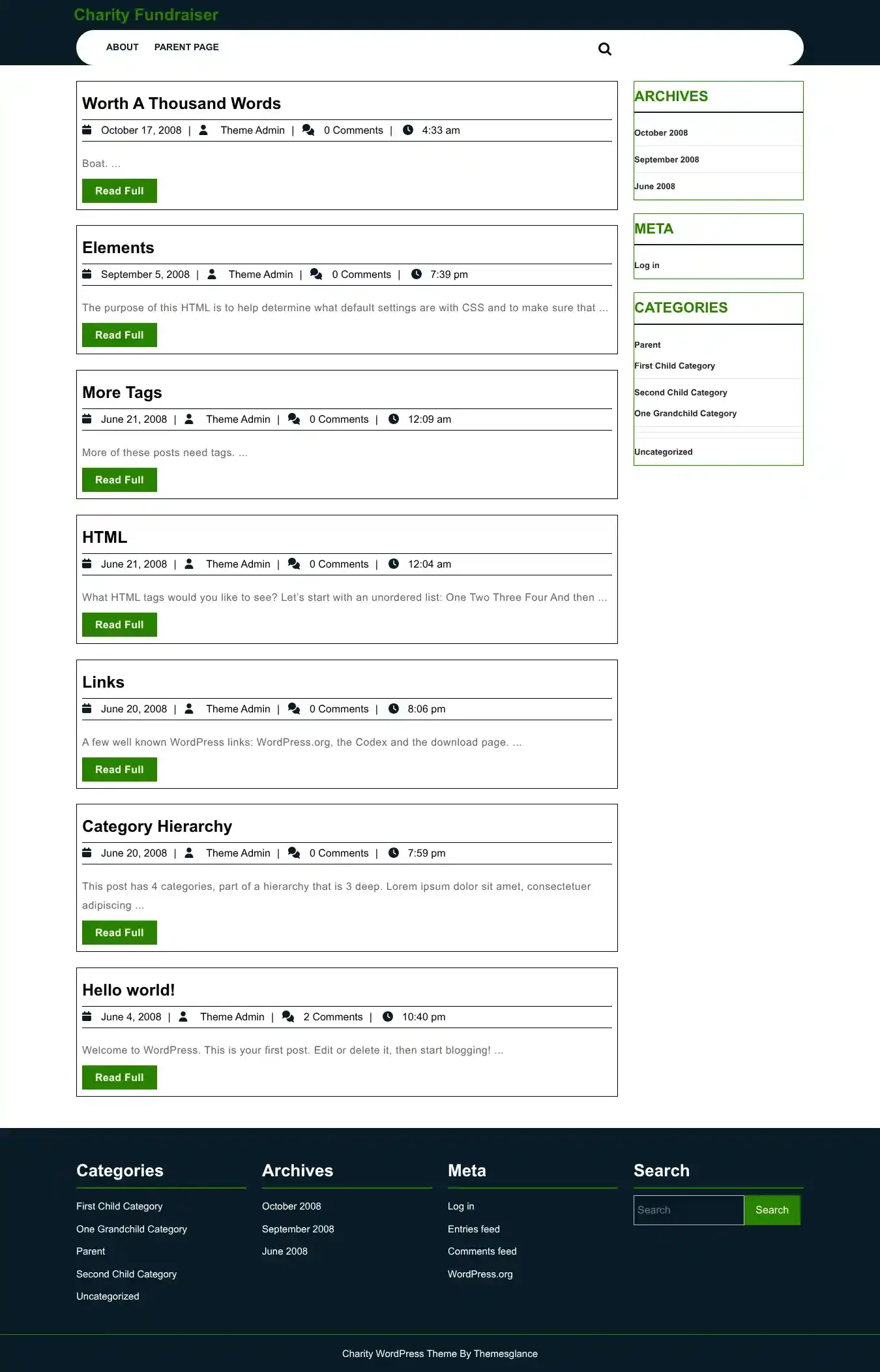 Charity Fundraiser home page on desktop