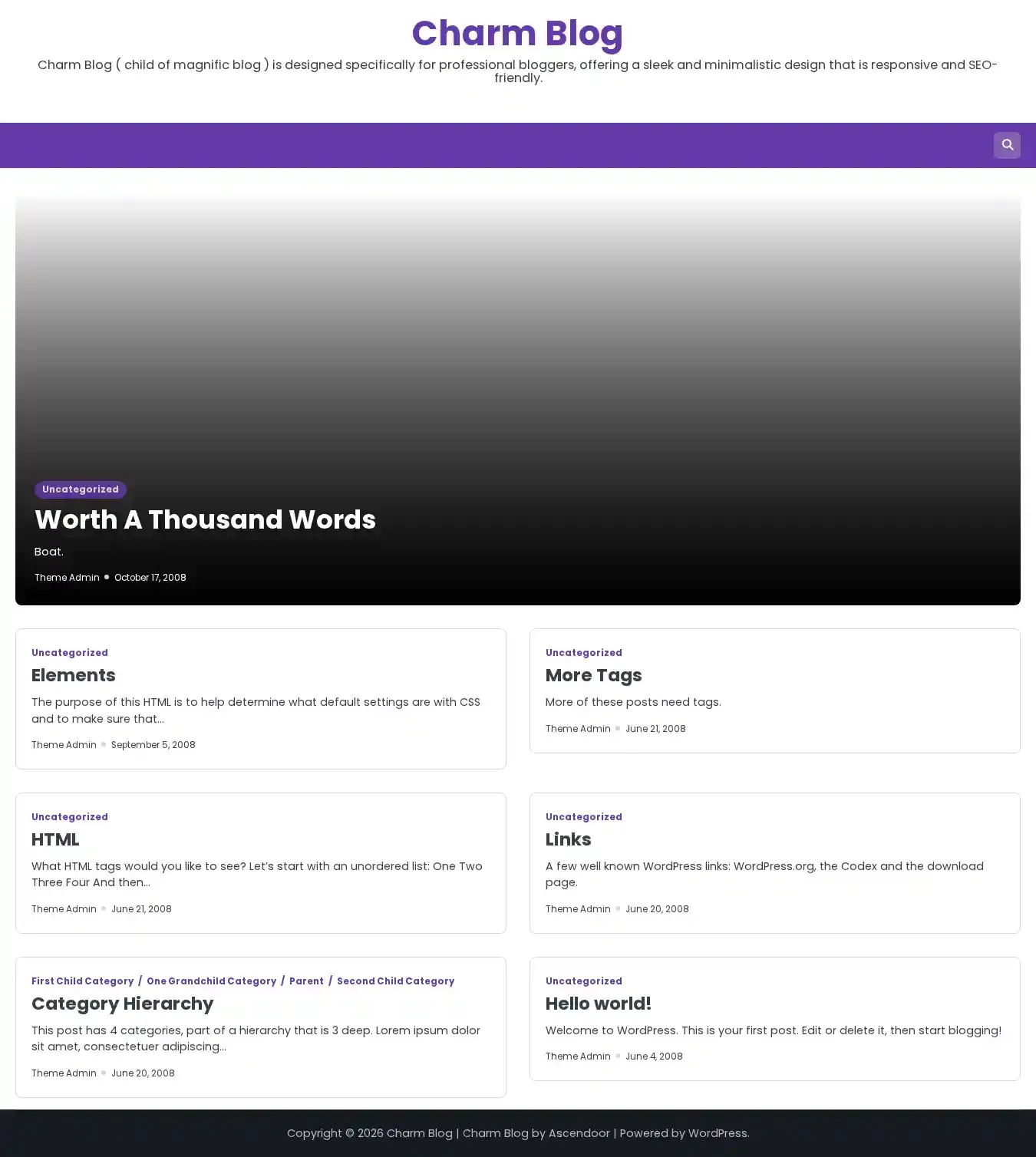 Charm Blog home page on desktop